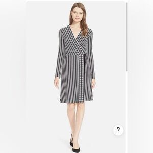 Tory Burch Navy Oxford Stripe Long-Sleeve Jacquard Wrap Dress Size S $395